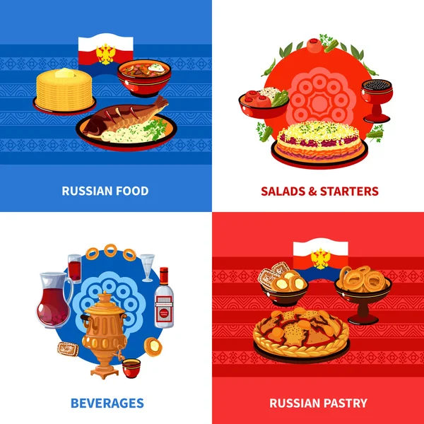 Comida Rusa 4 Iconos Planos Plaza — Vector de stock