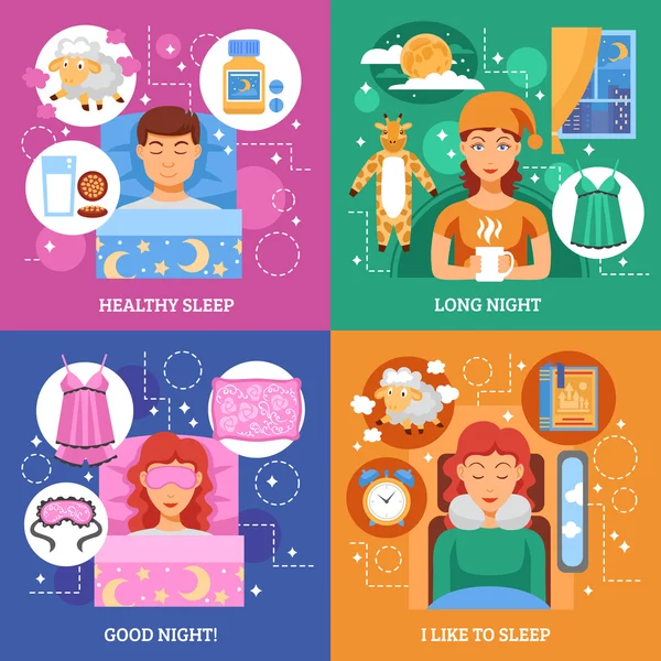 Healthy Sleep Concept Flat Icons Square — Stock Vector