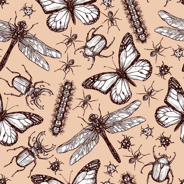 Vintage Drawn Insect Seamless Pattern — Stock Vector