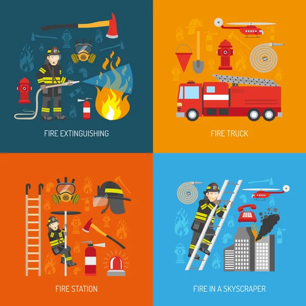Feuerwehrkonzept 4 flache Symbole quadratisch — Stockvektor