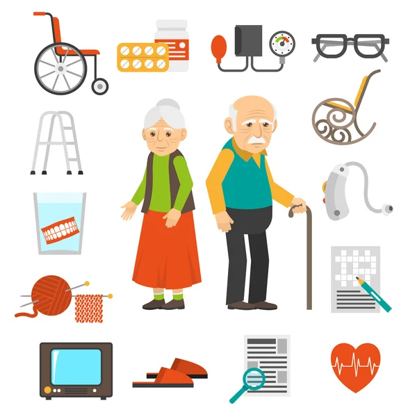 Ältere Menschen Accessoires flache Symbole Set — Stockvektor