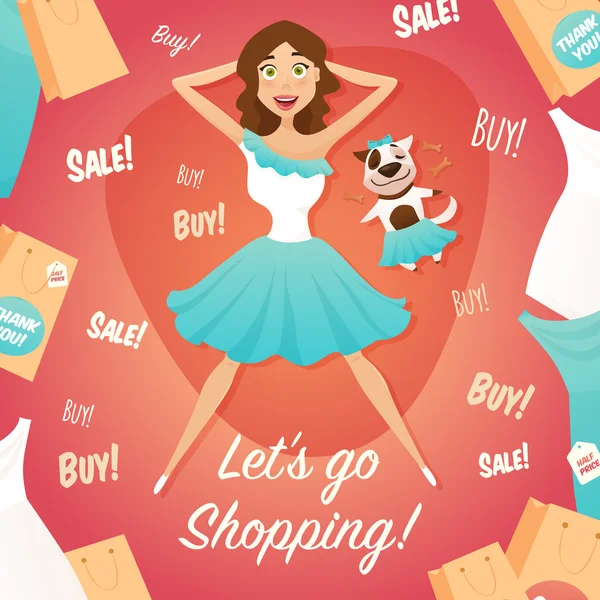 Shopping Mädchen Verkauf Werbung flaches Plakat — Stockvektor