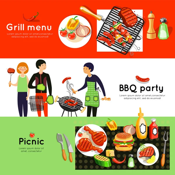 Barbecue Party 3 Horizontal Banners Set — Stock Vector