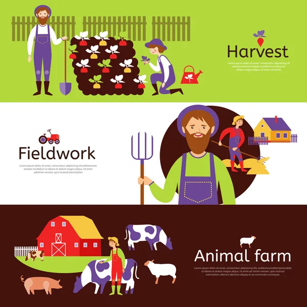 Juego de banners horizontales de cosecha de trabajo de campo para agricultores — Vector de stock