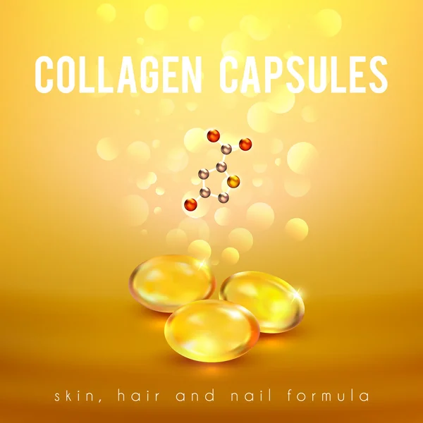 Collageen formule capsules gouden achtergrond poster — Stockvector