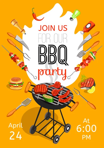 Annuncio del partito BBQ Poster piatto — Vettoriale Stock