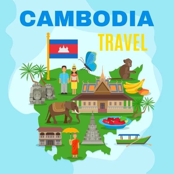 Camboja Mapa de viagens culturais Flat Poster — Vetor de Stock