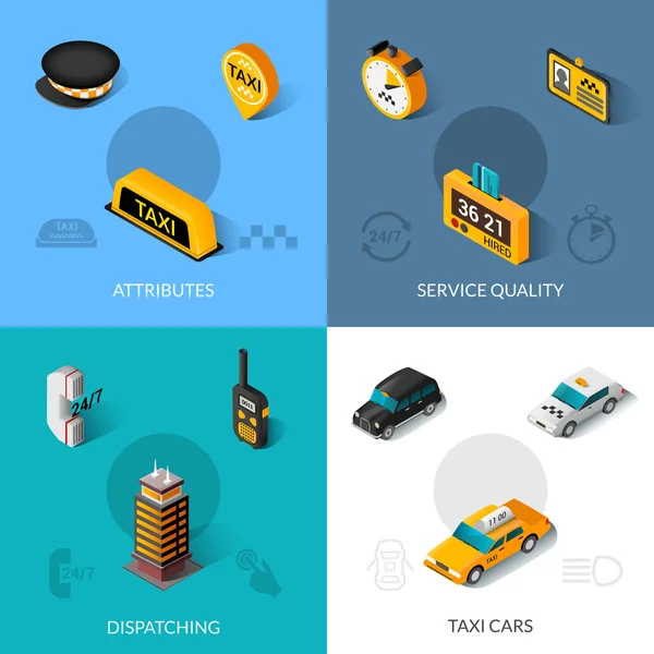 Taxi isométrico 4 iconos planos cuadrados — Vector de stock