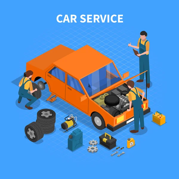 Processus de travail de service de voiture Isometric — Image vectorielle