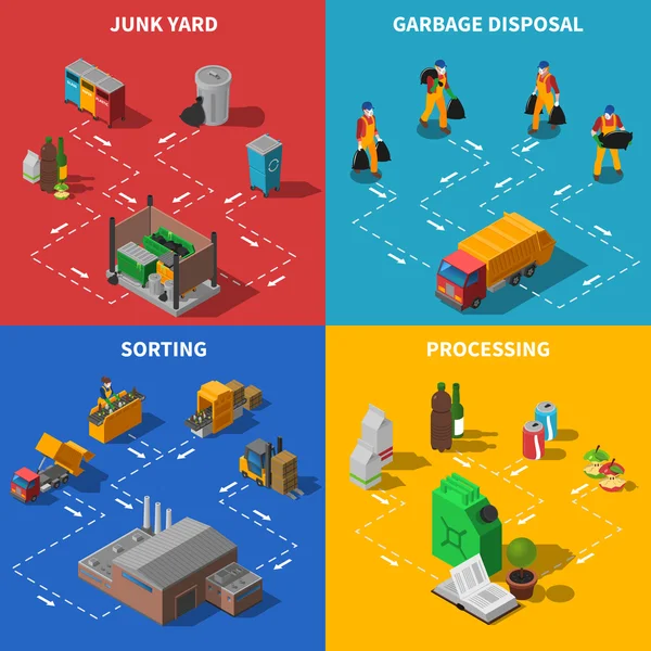 Conjunto de ícones de conceito isométrico de reciclagem de lixo — Vetor de Stock