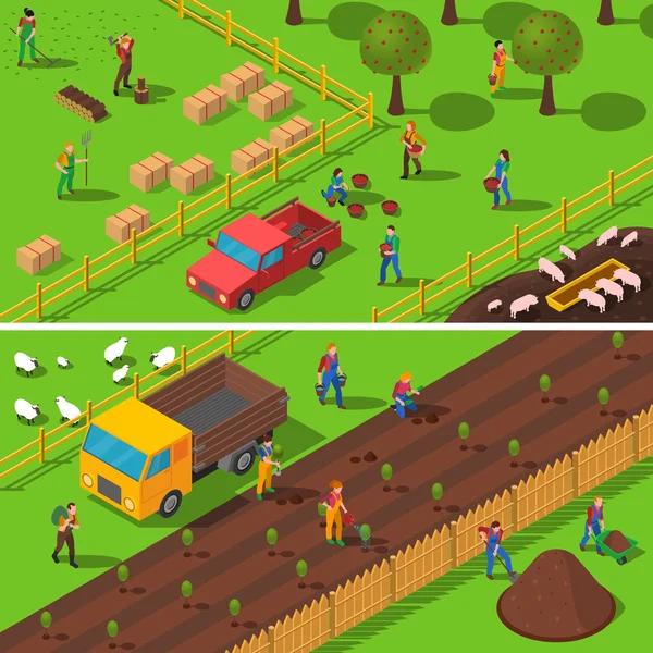 Farming Concept 2 Isometric Banners Set — Stock Vector