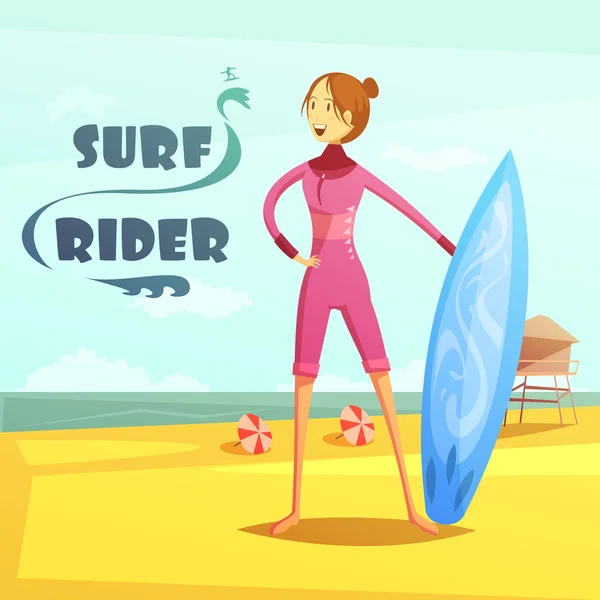 Surfen und Surfen Fahrer Retro-Cartoon-Illustration — Stockvektor