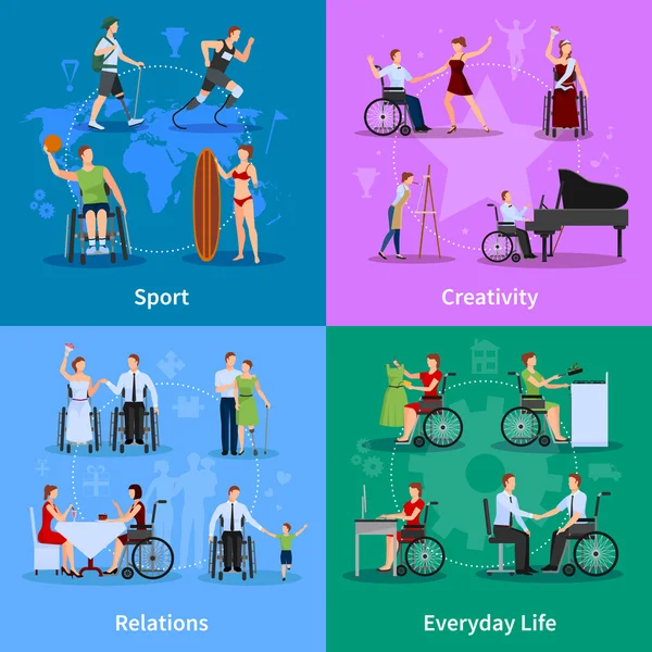 Disabled People 4 Flat Icons Square - Stok Vektor