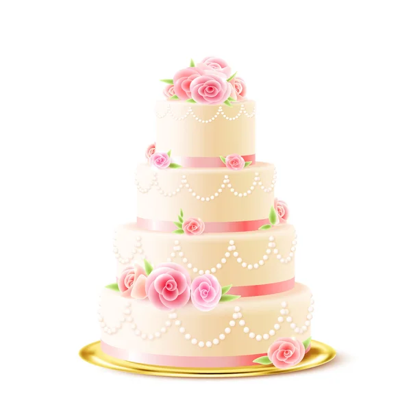 Torta de boda clásica con rosas realistas — Vector de stock