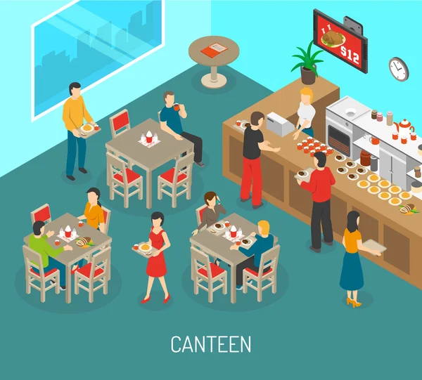 Workplace Canteen Lunch Isometric Poster Illustration — Stok Vektör