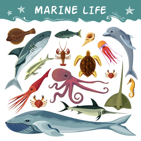 Marine Inhabitants Decorative Icons Set - Stok Vektor