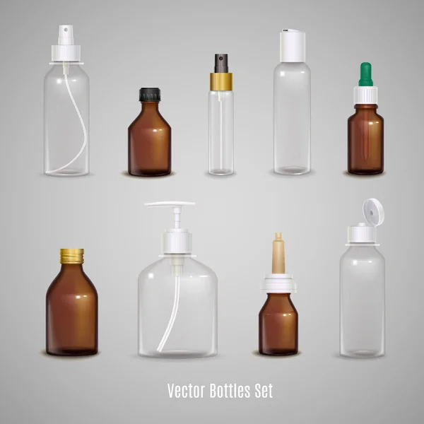 Uppsättning transparenta realistiska flaskor — Stock vektor