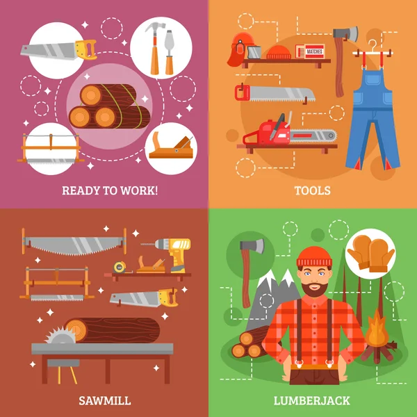 Lumberjack And Tools For Working Wood — Stock Vector