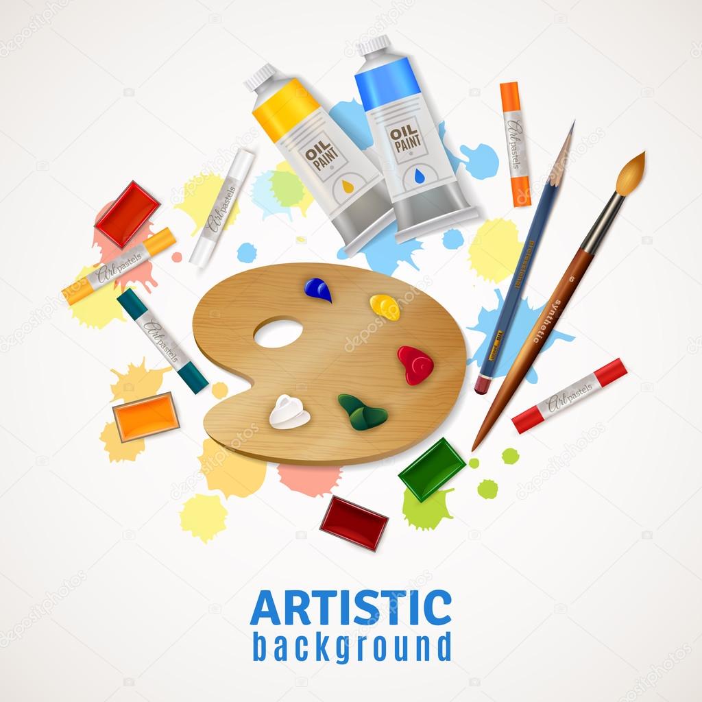 Artist palette with art tools and supplies, vector illustration