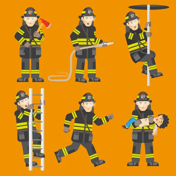 Fireman In Action 6 Figures Set — Stock Vector