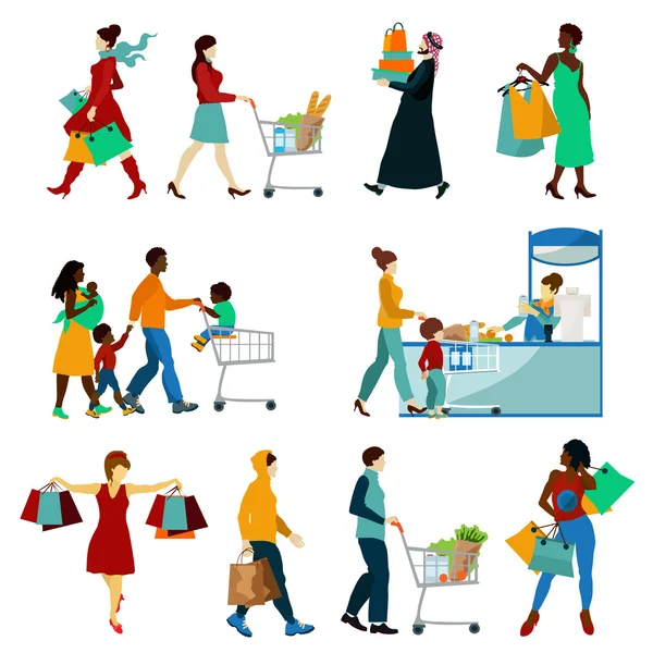 Shopping gens Icônes Set — Image vectorielle