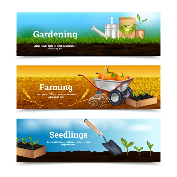 Three Gardening Horizontal Banners — Stock Vector