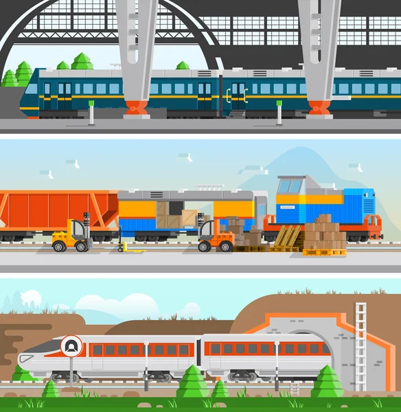 Transporte ferroviário Horizontal Banners planos — Vetor de Stock