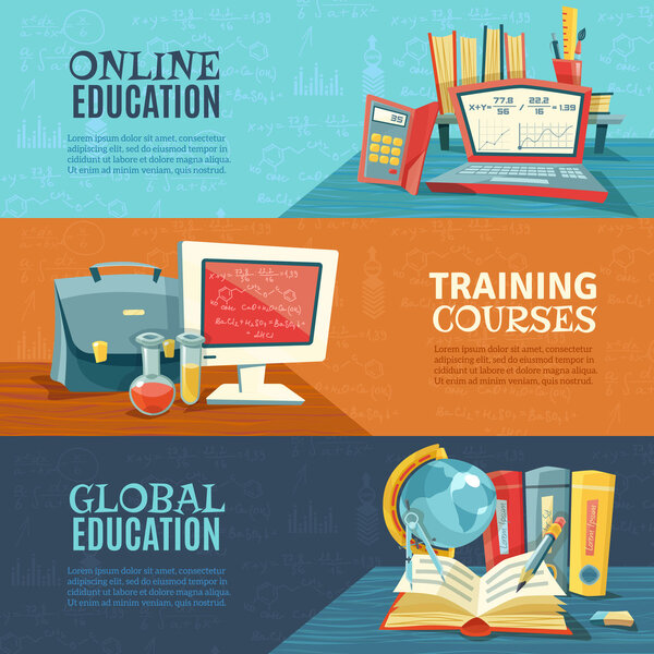 School Education Online Courses Banners Set