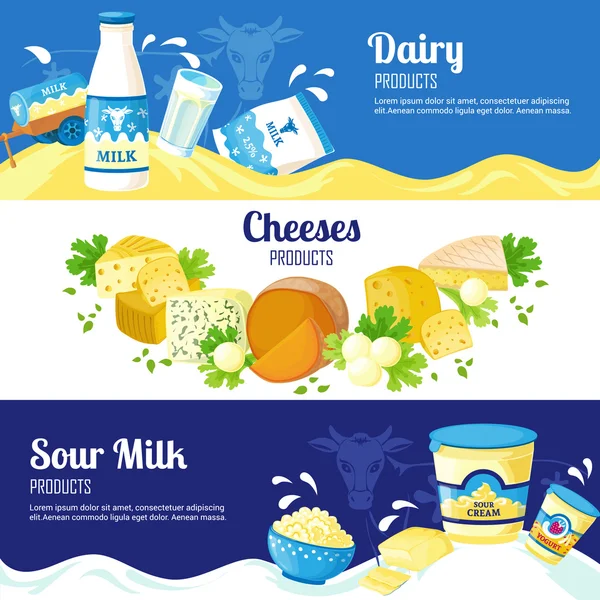 Banners horizontales de leche y queso — Vector de stock