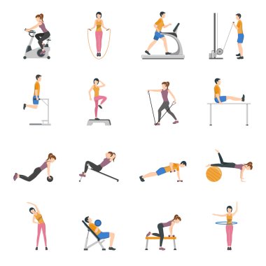People Training At Gym Icons Set clipart