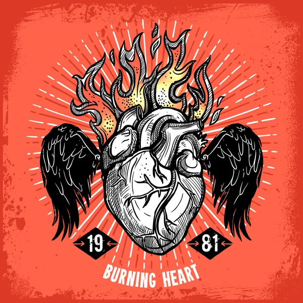 Burning Heart Dövme Afişi — Stok Vektör