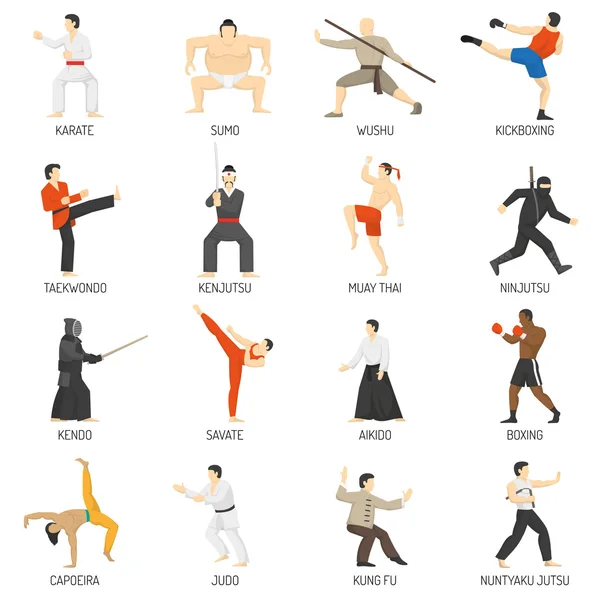 Conjunto de iconos planos decorativos de artes marciales — Archivo Imágenes Vectoriales