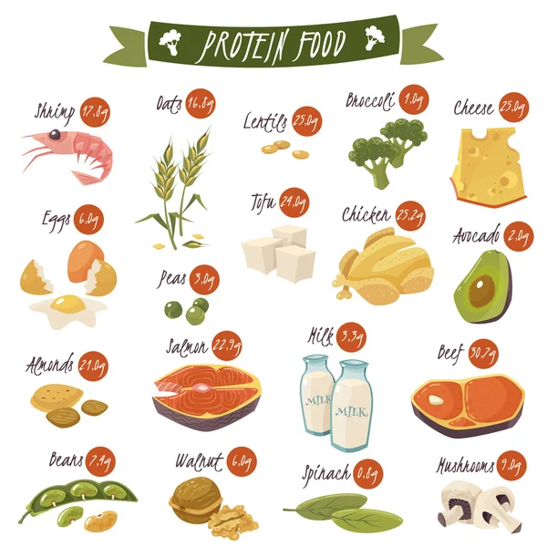 Conjunto de ícones planos de alimentos ricos em proteínas — Vetor de Stock