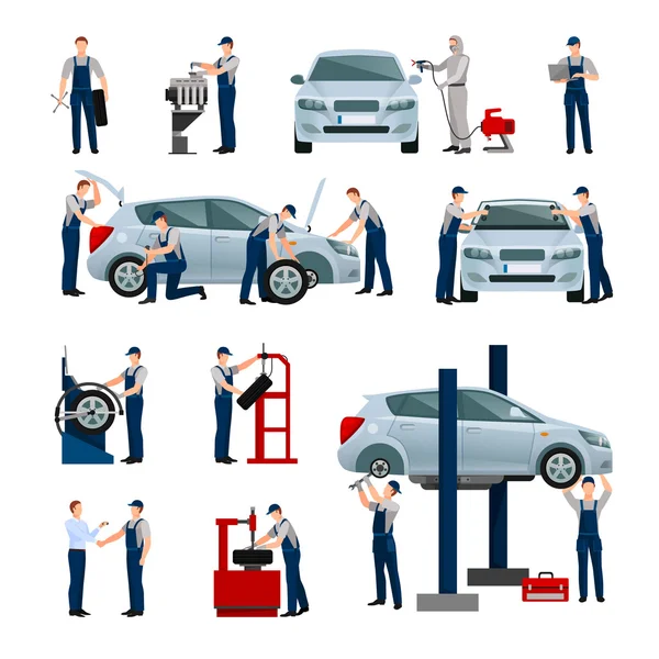 Auto Service Menschen Symbole gesetzt — Stockvektor