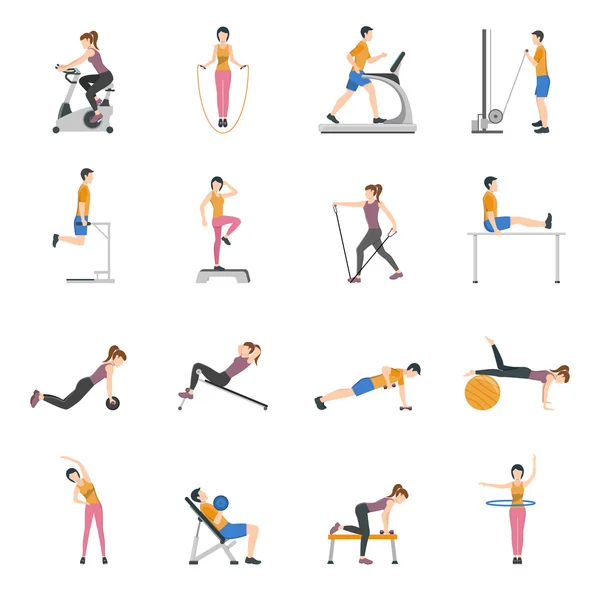 People Training At Gym Icons Set — Stock Vector