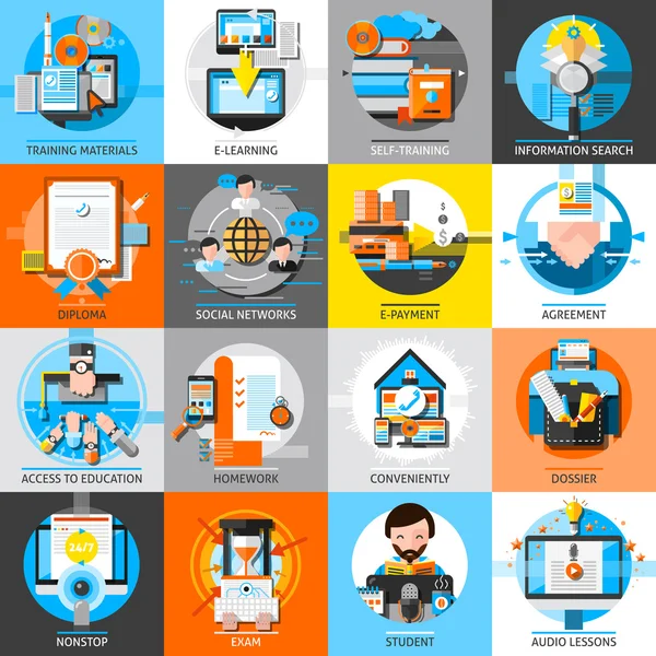 Online Education Flat Color Icons Set — Stock Vector