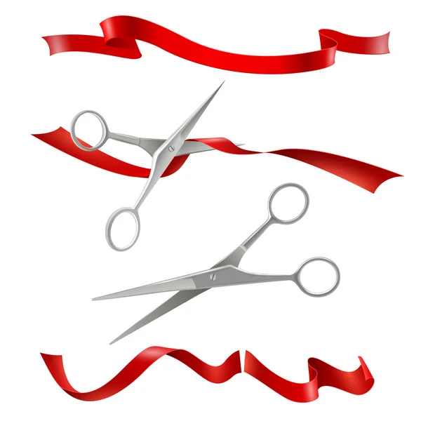 Scissors Cutting Red Ribbon Realistic Set — Stock Vector