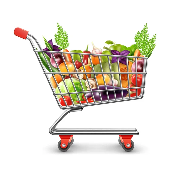 Cesta de compras de frutas e legumes frescos — Vetor de Stock