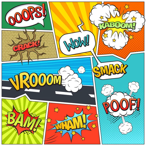 Strips boek pagina bubbels compositie print — Stockvector