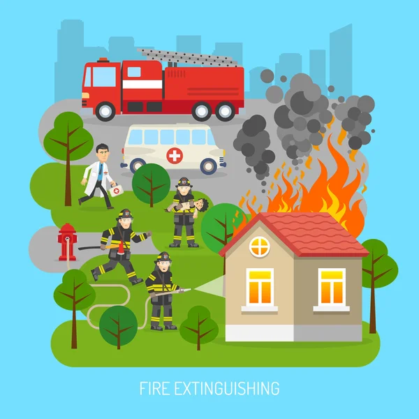 Η ιδέα των πυροσβεστών στην εργασία είναι επίπεδη αφίσα — Διανυσματικό Αρχείο