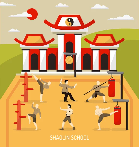 Composizione di arti marziali del tempio cinese — Vettoriale Stock