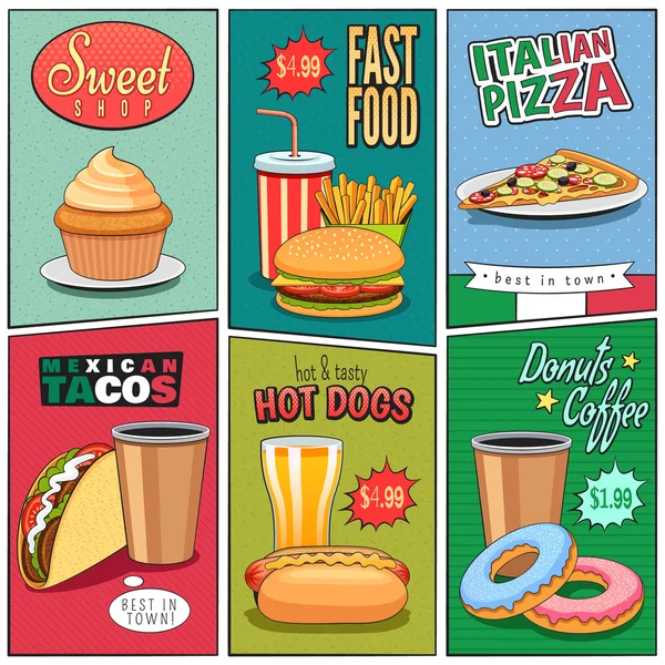 Comic Fast Food Mini colección de carteles — Vector de stock