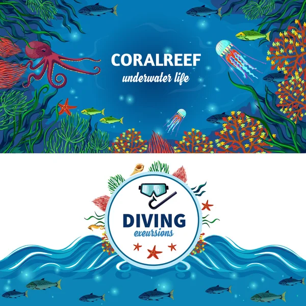 Горизонтальные плакаты морской подводной жизни — стоковый вектор