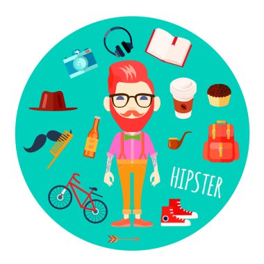 Hipster Karakter Aksesuarları Düz Yuvarlak İllüstrasyon