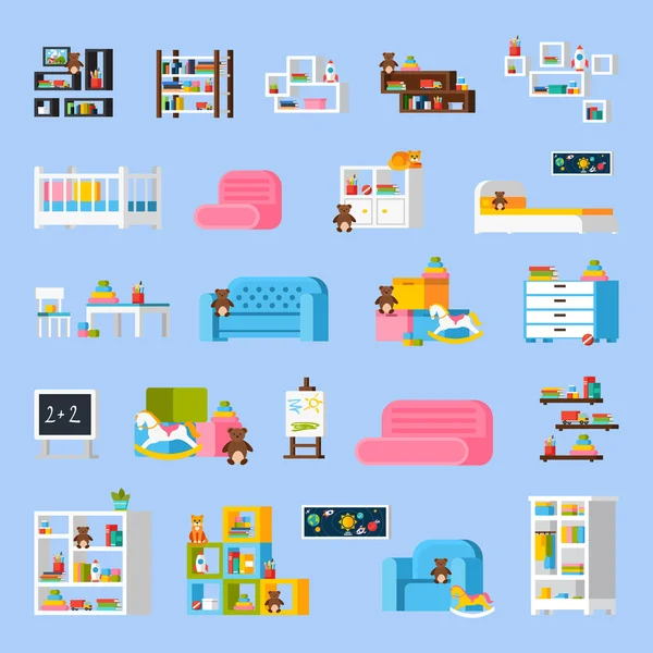 Ícones decorativos planos da mobília da sala de bebê — Vetor de Stock