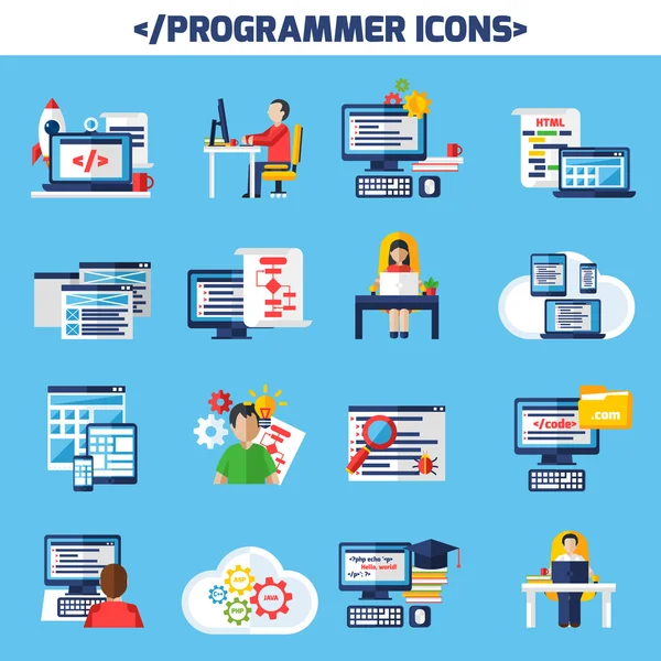 Set d'icônes décoratives de couleur plate programmeur — Image vectorielle