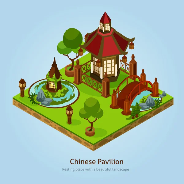 Chinese Pavilion Landscape Design Concept — Stock Vector