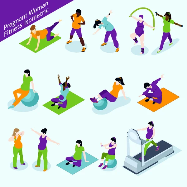 Pregnant Women Fitness Isometric Set — Stock Vector