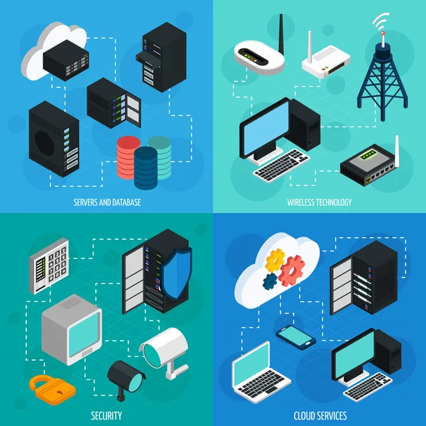 Data Center 2x2 isometrische pictogrammen set — Stockvector