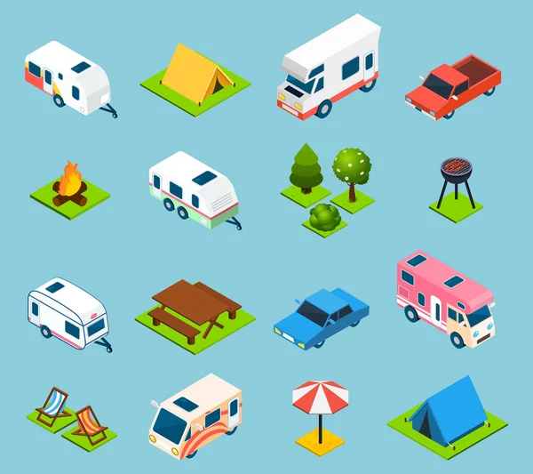 Camping And Travel Isometric Icons Set — Stok Vektör